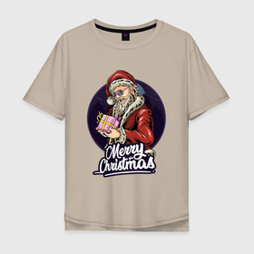 Мужская футболка хлопок Oversize с принтом Санта с подарком в Екатеринбурге, 100% хлопок | свободный крой, круглый ворот, “спинка” длиннее передней части | 