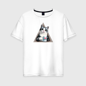 Женская футболка хлопок Oversize с принтом Котик любит кофе в Екатеринбурге, 100% хлопок | свободный крой, круглый ворот, спущенный рукав, длина до линии бедер
 | 