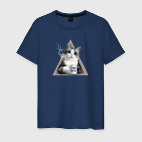 Мужская футболка хлопок с принтом Котик любит кофе в Тюмени, 100% хлопок | прямой крой, круглый вырез горловины, длина до линии бедер, слегка спущенное плечо. | Тематика изображения на принте: 