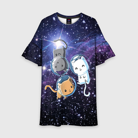 Детское платье 3D с принтом Три котика в открытом космосе , 100% полиэстер | прямой силуэт, чуть расширенный к низу. Круглая горловина, на рукавах — воланы | 