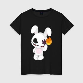 Женская футболка хлопок с принтом Кролик с огоньком: символ и надпись , 100% хлопок | прямой крой, круглый вырез горловины, длина до линии бедер, слегка спущенное плечо | 