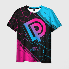 Мужская футболка 3D с принтом Deep Purple   neon gradient , 100% полиэфир | прямой крой, круглый вырез горловины, длина до линии бедер | 