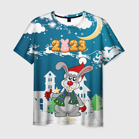 Мужская футболка 3D с принтом Новый год 2023   Зайчик , 100% полиэфир | прямой крой, круглый вырез горловины, длина до линии бедер | Тематика изображения на принте: 