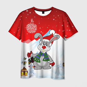 Мужская футболка 3D с принтом Новый год   зайчик в Курске, 100% полиэфир | прямой крой, круглый вырез горловины, длина до линии бедер | 