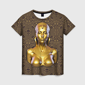 Женская футболка 3D с принтом Золотой бюст египетской принцессы в Курске, 100% полиэфир ( синтетическое хлопкоподобное полотно) | прямой крой, круглый вырез горловины, длина до линии бедер | 