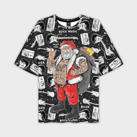 Мужская футболка OVERSIZE 3D с принтом Санта Клаус рокер в Курске,  |  | Тематика изображения на принте: 
