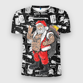 Мужская футболка 3D Slim с принтом Санта Клаус рокер в Курске, 100% полиэстер с улучшенными характеристиками | приталенный силуэт, круглая горловина, широкие плечи, сужается к линии бедра | Тематика изображения на принте: 