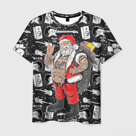 Мужская футболка 3D с принтом Санта Клаус рокер в Курске, 100% полиэфир | прямой крой, круглый вырез горловины, длина до линии бедер | Тематика изображения на принте: 