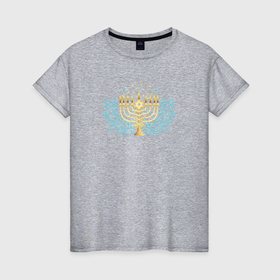 Женская футболка хлопок с принтом Золотая менора с синим цветочным узором в Белгороде, 100% хлопок | прямой крой, круглый вырез горловины, длина до линии бедер, слегка спущенное плечо | 