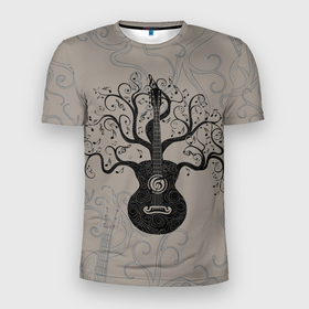 Мужская футболка 3D Slim с принтом Разросшееся дерево гитара в Белгороде, 100% полиэстер с улучшенными характеристиками | приталенный силуэт, круглая горловина, широкие плечи, сужается к линии бедра | 