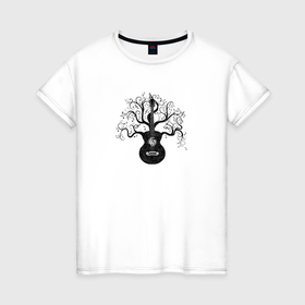 Женская футболка хлопок с принтом Разросшееся дерево гитара с музыкальными нотами в Белгороде, 100% хлопок | прямой крой, круглый вырез горловины, длина до линии бедер, слегка спущенное плечо | 