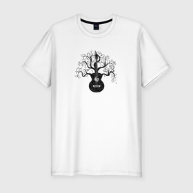 Мужская футболка хлопок Slim с принтом Разросшееся дерево гитара с музыкальными нотами в Белгороде, 92% хлопок, 8% лайкра | приталенный силуэт, круглый вырез ворота, длина до линии бедра, короткий рукав | 