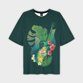 Мужская футболка OVERSIZE 3D с принтом Акустическая гитара с барабаном и тропическими листьями ,  |  | 