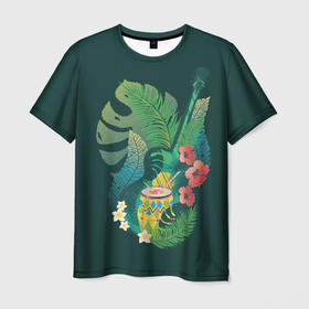 Мужская футболка 3D с принтом Акустическая гитара с барабаном и тропическими листьями в Тюмени, 100% полиэфир | прямой крой, круглый вырез горловины, длина до линии бедер | Тематика изображения на принте: 
