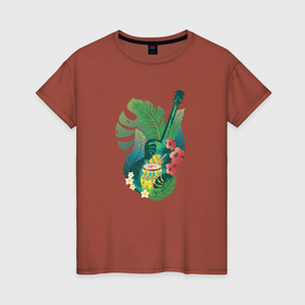 Женская футболка хлопок с принтом Ретро акустическая гитара с барабаном и тропическими листьями в Новосибирске, 100% хлопок | прямой крой, круглый вырез горловины, длина до линии бедер, слегка спущенное плечо | 