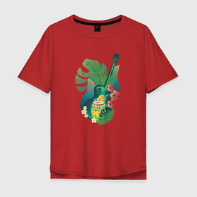 Мужская футболка хлопок Oversize с принтом Ретро акустическая гитара с барабаном и тропическими листьями , 100% хлопок | свободный крой, круглый ворот, “спинка” длиннее передней части | 