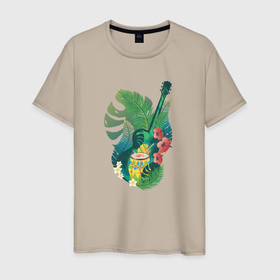 Мужская футболка хлопок с принтом Ретро акустическая гитара с барабаном и тропическими листьями , 100% хлопок | прямой крой, круглый вырез горловины, длина до линии бедер, слегка спущенное плечо. | 