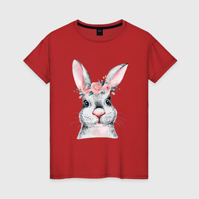Женская футболка хлопок с принтом Кролик  в   цветах в Новосибирске, 100% хлопок | прямой крой, круглый вырез горловины, длина до линии бедер, слегка спущенное плечо | 