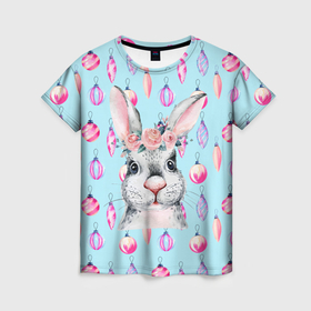 Женская футболка 3D с принтом Кролик на фоне новогодних шариков в Белгороде, 100% полиэфир ( синтетическое хлопкоподобное полотно) | прямой крой, круглый вырез горловины, длина до линии бедер | 