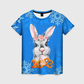 Женская футболка 3D с принтом Символ 2023 года   кролик в Петрозаводске, 100% полиэфир ( синтетическое хлопкоподобное полотно) | прямой крой, круглый вырез горловины, длина до линии бедер | 