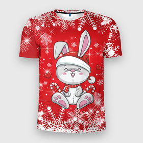 Мужская футболка 3D Slim с принтом Новогодний зайчик красный снежный фон в Белгороде, 100% полиэстер с улучшенными характеристиками | приталенный силуэт, круглая горловина, широкие плечи, сужается к линии бедра | Тематика изображения на принте: 