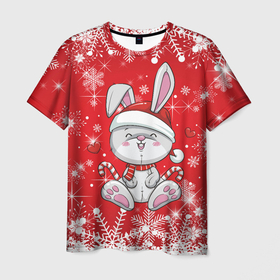 Мужская футболка 3D с принтом Новогодний зайчик красный снежный фон , 100% полиэфир | прямой крой, круглый вырез горловины, длина до линии бедер | 