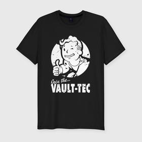 Мужская футболка хлопок Slim с принтом Vault boy   join the Vault tec в Кировске, 92% хлопок, 8% лайкра | приталенный силуэт, круглый вырез ворота, длина до линии бедра, короткий рукав | 