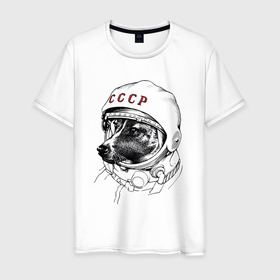 Мужская футболка хлопок с принтом Лайка собака космонавт СССР в Екатеринбурге, 100% хлопок | прямой крой, круглый вырез горловины, длина до линии бедер, слегка спущенное плечо. | 