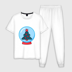 Мужская пижама хлопок с принтом Новогодняя ёлочка в снежном шаре в Санкт-Петербурге, 100% хлопок | брюки и футболка прямого кроя, без карманов, на брюках мягкая резинка на поясе и по низу штанин
 | 