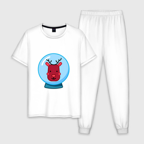 Мужская пижама хлопок с принтом Снежный шар с портретом оленя в Курске, 100% хлопок | брюки и футболка прямого кроя, без карманов, на брюках мягкая резинка на поясе и по низу штанин
 | 