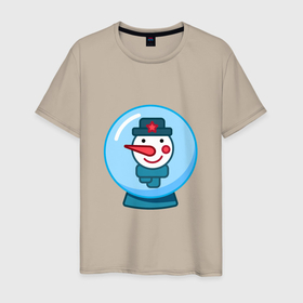 Мужская футболка хлопок с принтом Портрет снеговика в снежном шаре в Петрозаводске, 100% хлопок | прямой крой, круглый вырез горловины, длина до линии бедер, слегка спущенное плечо. | 