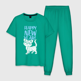 Мужская пижама хлопок с принтом Happy new year   kitten в Тюмени, 100% хлопок | брюки и футболка прямого кроя, без карманов, на брюках мягкая резинка на поясе и по низу штанин
 | 