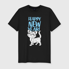 Мужская футболка хлопок Slim с принтом Happy new year   kitten в Тюмени, 92% хлопок, 8% лайкра | приталенный силуэт, круглый вырез ворота, длина до линии бедра, короткий рукав | 