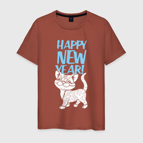 Мужская футболка хлопок с принтом Happy new year   kitten в Белгороде, 100% хлопок | прямой крой, круглый вырез горловины, длина до линии бедер, слегка спущенное плечо. | 