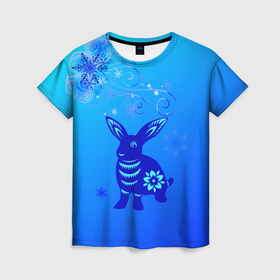 Женская футболка 3D с принтом Синий кролик и снежинки в Екатеринбурге, 100% полиэфир ( синтетическое хлопкоподобное полотно) | прямой крой, круглый вырез горловины, длина до линии бедер | 