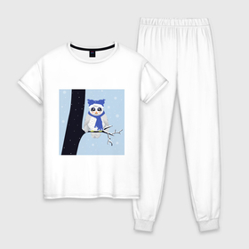Женская пижама хлопок с принтом Белая полярная сова сидит на ветке дерева в Петрозаводске, 100% хлопок | брюки и футболка прямого кроя, без карманов, на брюках мягкая резинка на поясе и по низу штанин | 