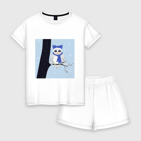 Женская пижама с шортиками хлопок с принтом Белая полярная сова сидит на ветке дерева , 100% хлопок | футболка прямого кроя, шорты свободные с широкой мягкой резинкой | 