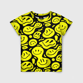 Детская футболка 3D с принтом Кислотный желтый смайлик в Тюмени, 100% гипоаллергенный полиэфир | прямой крой, круглый вырез горловины, длина до линии бедер, чуть спущенное плечо, ткань немного тянется | Тематика изображения на принте: 