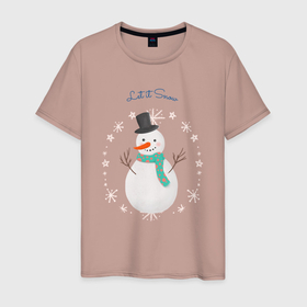 Мужская футболка хлопок с принтом let it snow, snowman в Екатеринбурге, 100% хлопок | прямой крой, круглый вырез горловины, длина до линии бедер, слегка спущенное плечо. | 