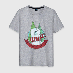 Мужская футболка хлопок с принтом Merry christmas bear в Белгороде, 100% хлопок | прямой крой, круглый вырез горловины, длина до линии бедер, слегка спущенное плечо. | Тематика изображения на принте: 