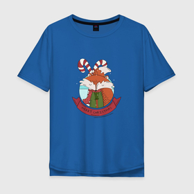Мужская футболка хлопок Oversize с принтом Merry christmas fox в Санкт-Петербурге, 100% хлопок | свободный крой, круглый ворот, “спинка” длиннее передней части | 