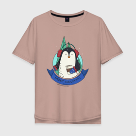 Мужская футболка хлопок Oversize с принтом Merry christmas penguin в Белгороде, 100% хлопок | свободный крой, круглый ворот, “спинка” длиннее передней части | 