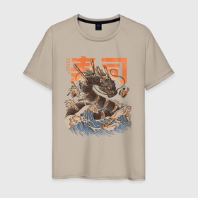 Мужская футболка хлопок с принтом Суши дракон Канагавы в Новосибирске, 100% хлопок | прямой крой, круглый вырез горловины, длина до линии бедер, слегка спущенное плечо. | 