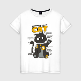 Женская футболка хлопок с принтом Анатомия милого чёрного кота в Новосибирске, 100% хлопок | прямой крой, круглый вырез горловины, длина до линии бедер, слегка спущенное плечо | 