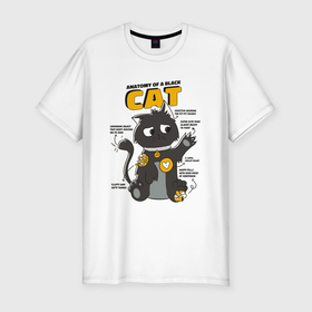 Мужская футболка хлопок Slim с принтом Анатомия милого чёрного кота в Белгороде, 92% хлопок, 8% лайкра | приталенный силуэт, круглый вырез ворота, длина до линии бедра, короткий рукав | 