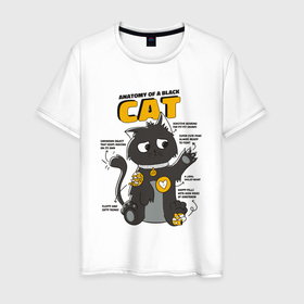 Мужская футболка хлопок с принтом Анатомия милого чёрного кота в Екатеринбурге, 100% хлопок | прямой крой, круглый вырез горловины, длина до линии бедер, слегка спущенное плечо. | 
