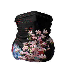 Бандана-труба 3D с принтом Ветка сакуры на фоне ночного Токио   glitch , 100% полиэстер, ткань с особыми свойствами — Activecool | плотность 150‒180 г/м2; хорошо тянется, но сохраняет форму | 