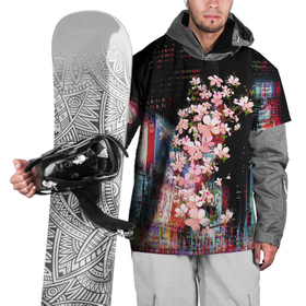 Накидка на куртку 3D с принтом Ветка сакуры на фоне ночного Токио   glitch в Новосибирске, 100% полиэстер |  | 