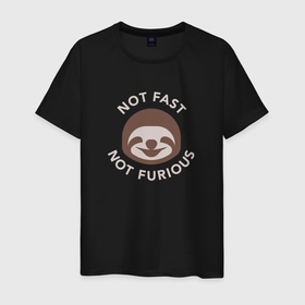 Мужская футболка хлопок с принтом Not fast not furious ленивец форсаж в Тюмени, 100% хлопок | прямой крой, круглый вырез горловины, длина до линии бедер, слегка спущенное плечо. | 