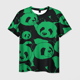 Мужская футболка 3D с принтом Panda green pattern , 100% полиэфир | прямой крой, круглый вырез горловины, длина до линии бедер | 